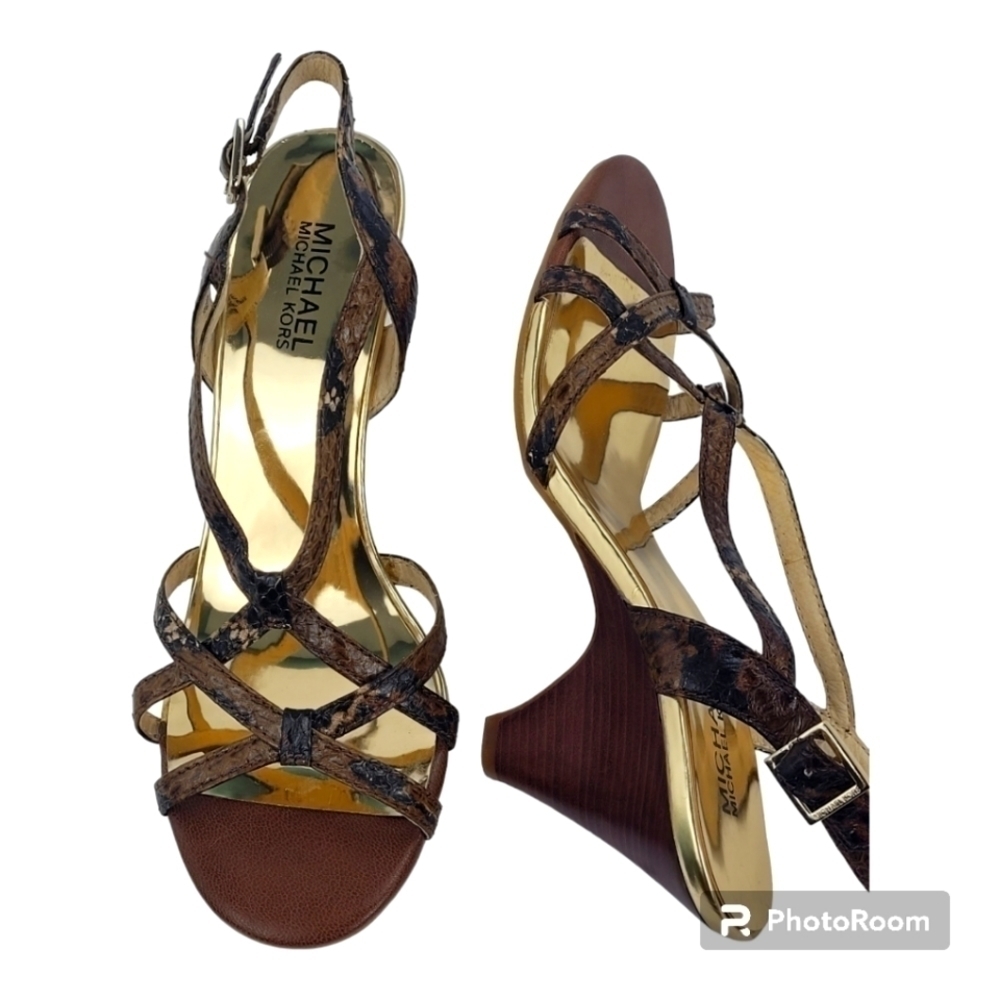 MICHAEL KORS Snake Pattern Heels Sandals Shoes Size 8.5 Gold